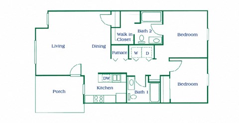Floor plan for 2 beds, 1 bath, 902 sqft